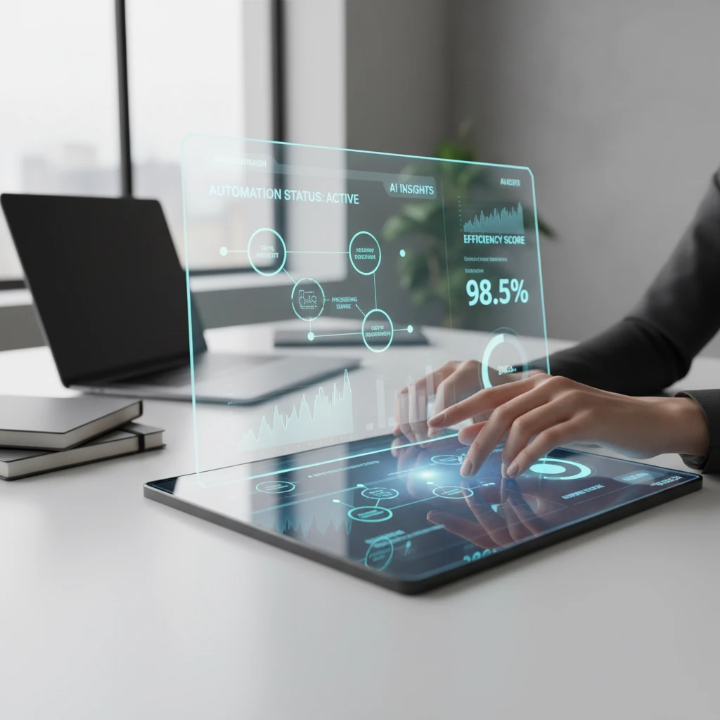 Professional hands operating AI automation dashboard on touchscreen displaying workflow analytics and process metrics